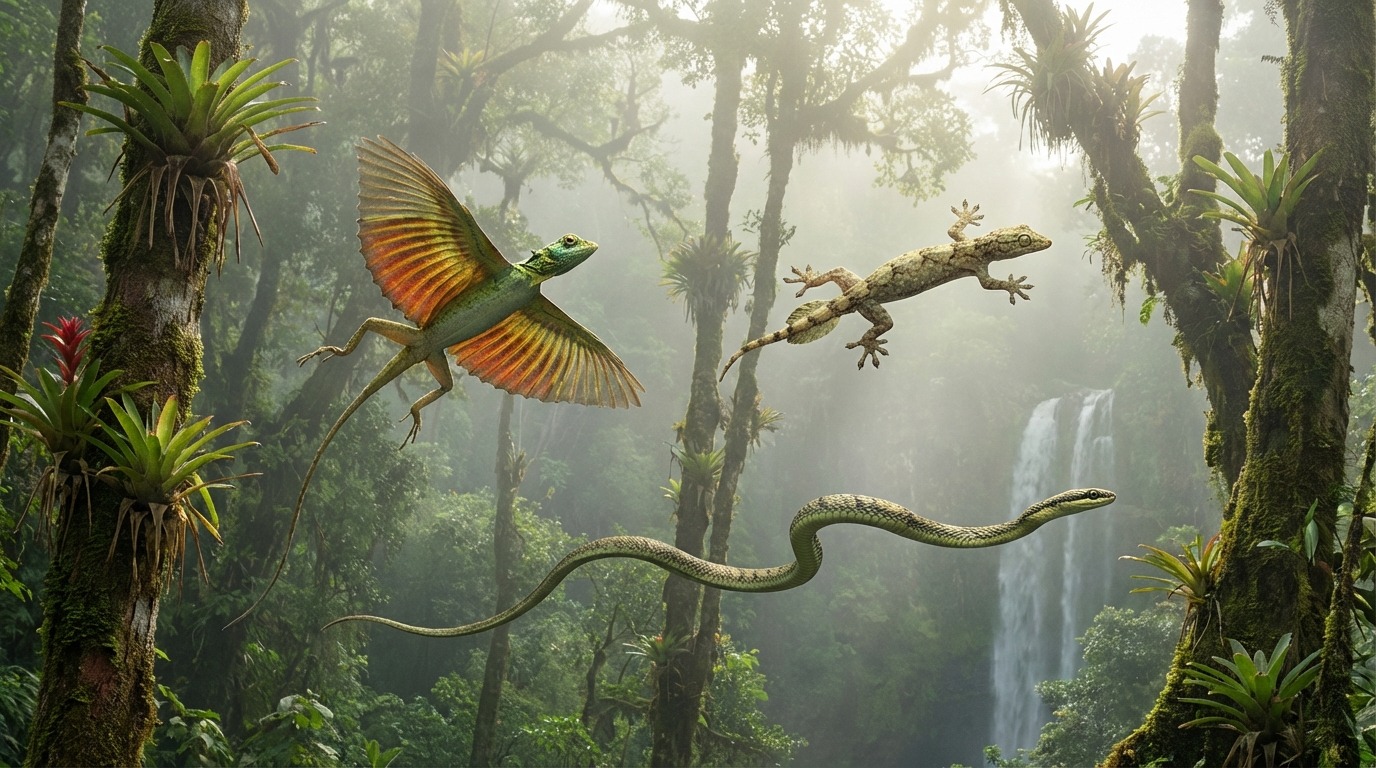 現生で翼のように滑空する爬虫類|トビトカゲ・トビヤモリ・トビヘビ